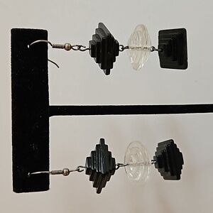 Art Deco Style Black & Clear Acrylic Pierced Earrings